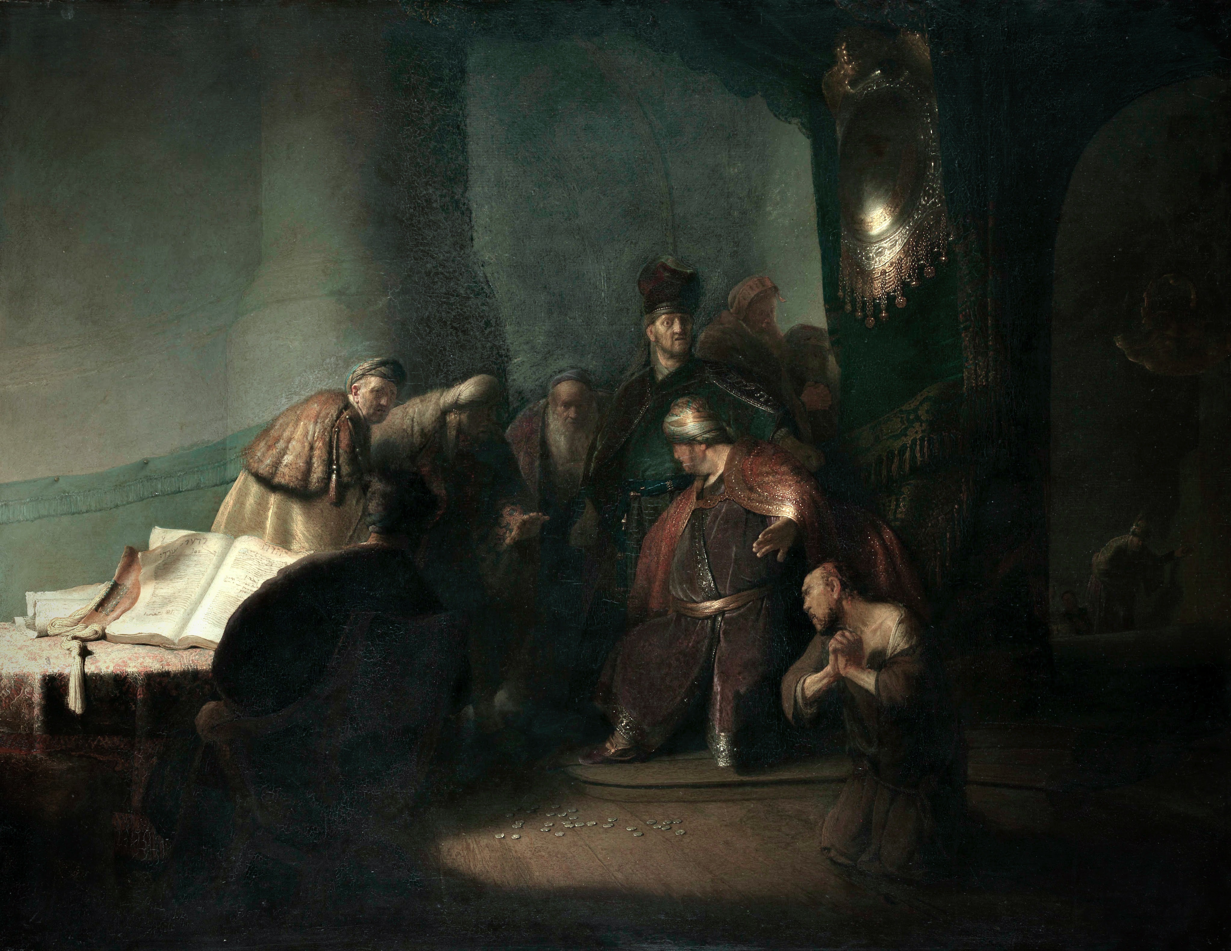 Judas returning the thirty pieces of silver, by Rembrandt